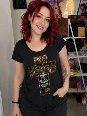 Affliction Black Scoop Neck Tee with Multicolor Cross Graphic